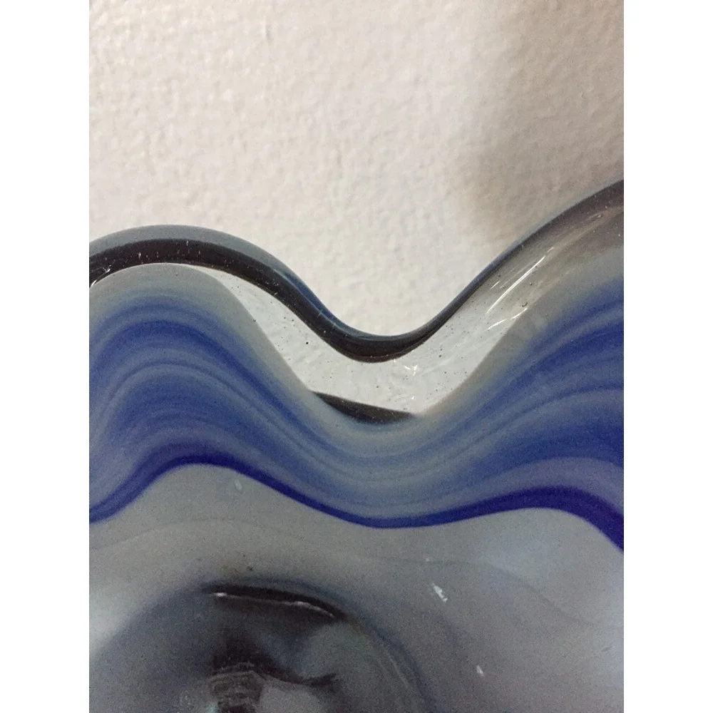 Vtg Handmade Blown Glass Blue/Milky White Swirl Candy Trinket Dish Decorative
